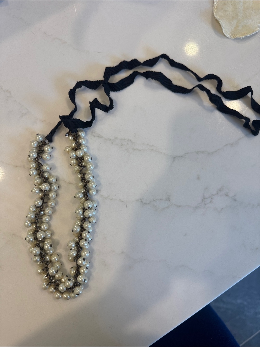 J. Crew Pearl Multi-Strand Necklace with Black Ribbon Tie